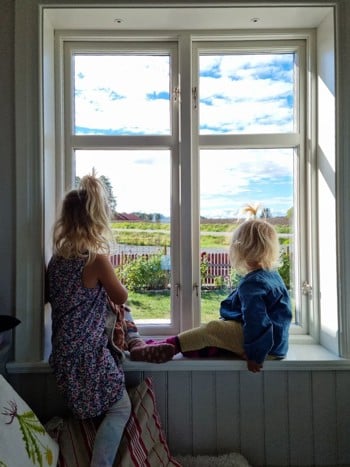 Barn tittar ut över hagen i fönstret